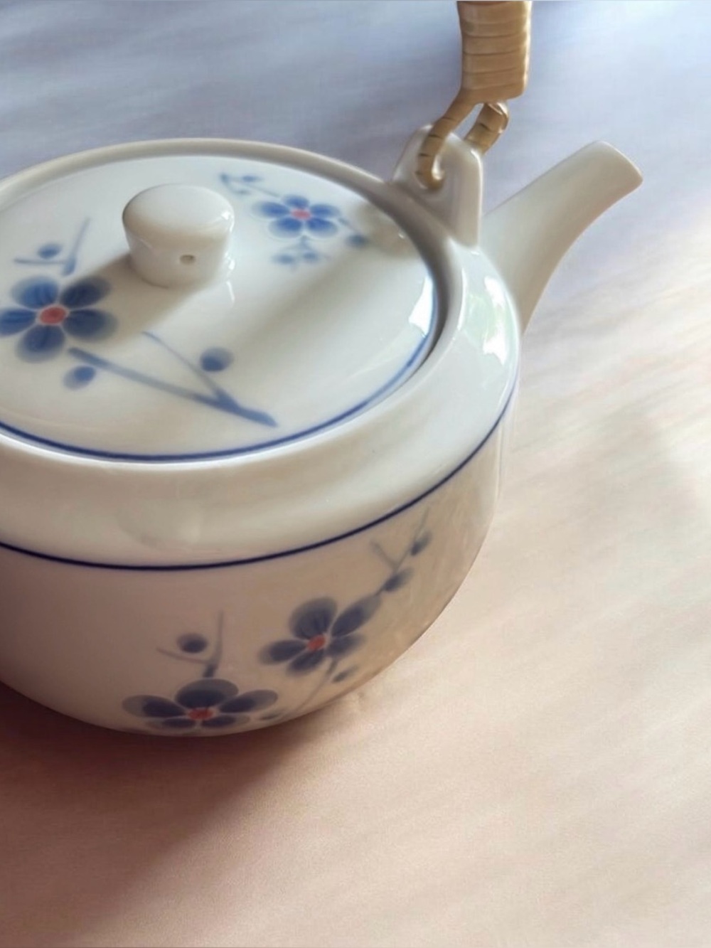 Vintage Cheng’s Porcelain Teapot Blue & Coral Blossoms Bamboo Handle